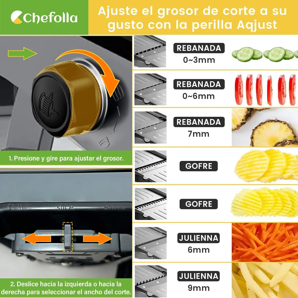 Picador de Verduras, Cortador Multiusos de Acero Inoxidable con Ajustes Regulables, Cepillo de Limpieza y