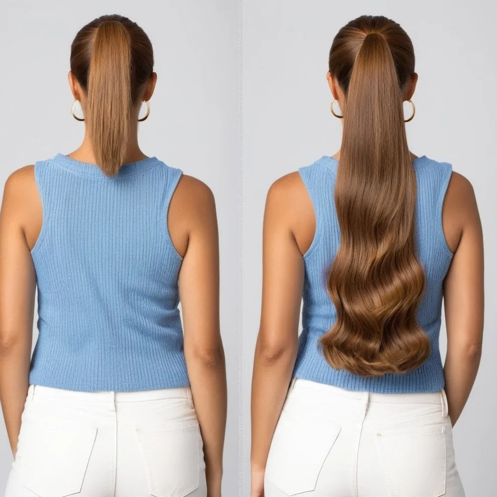 Cola de Caballo de cabello humano Yelo, Clip envolvente en pieza de cabello, extensión de cola de caballo, cabello humano liso con pasta mágica