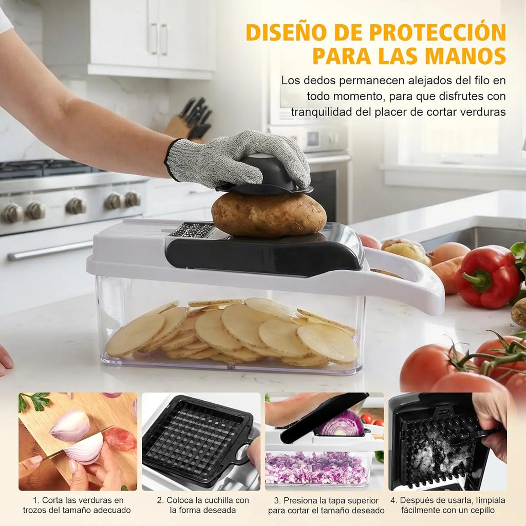 Picador de Verduras 26 en 1 con Cuchillas de Acero Inoxidable, Espiralizador, Rallador, Protector de Manos para Rebanar