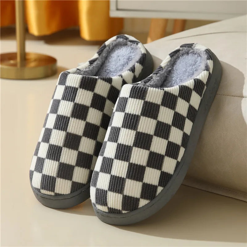 Zapatilla a cuadros para mujer, invierno cálido, hogar, dibujos animados Kawaii, Contton de felpa, interior, divertido, lindo, peludo, zapatos de suelo para casa, tablero de ajedrez femenino