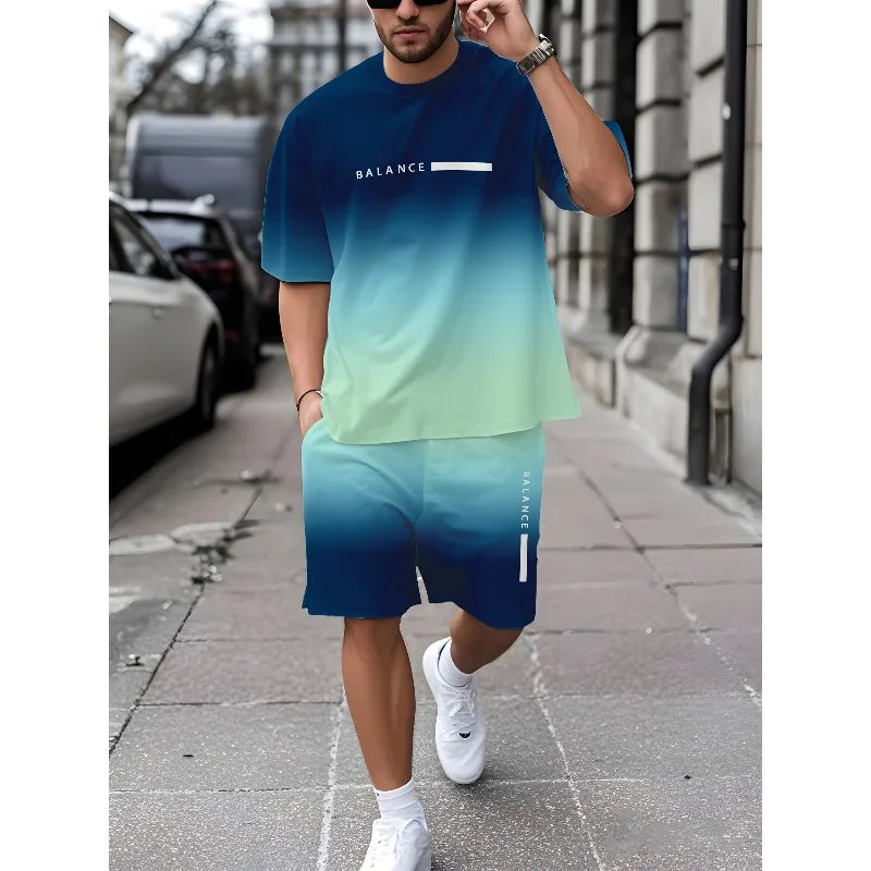 Conjunto informal de dos piezas con estampado 3D a rayas para hombre, camiseta de manga corta y pantalones cortos, conjunto para deportes al aire libre diarios de tela de poliéster