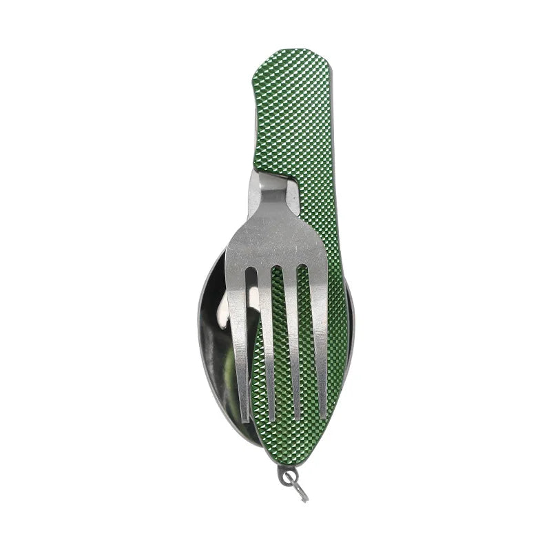 Juego de utensilios de camping plegables 4 en 1, cuchillo multifuncional, tenedor, cuchara, abridor de botellas para supervivencia al aire libre, deportes, camping y senderismo.