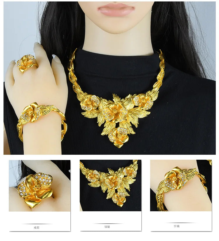 Juego de joyería nupcial de lujo en oro 24k Au999 para novias africanas y mujeres saudíes, collar, pulsera, aretes y anillo, 4 piezas, regalo.