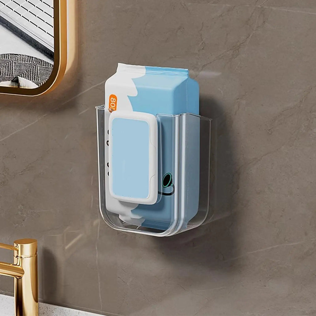 Caja de almacenamiento de pañuelos húmedos montada en la pared no perforada para baño con gran apertura y fuerte capacidad de carga