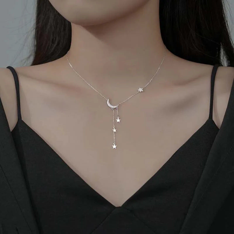 Collar con borlas de Luna y estrella de Color plateado para mujer, cadena de clavícula de cristal exquisita, joyería, regalo de cumpleaños 2026