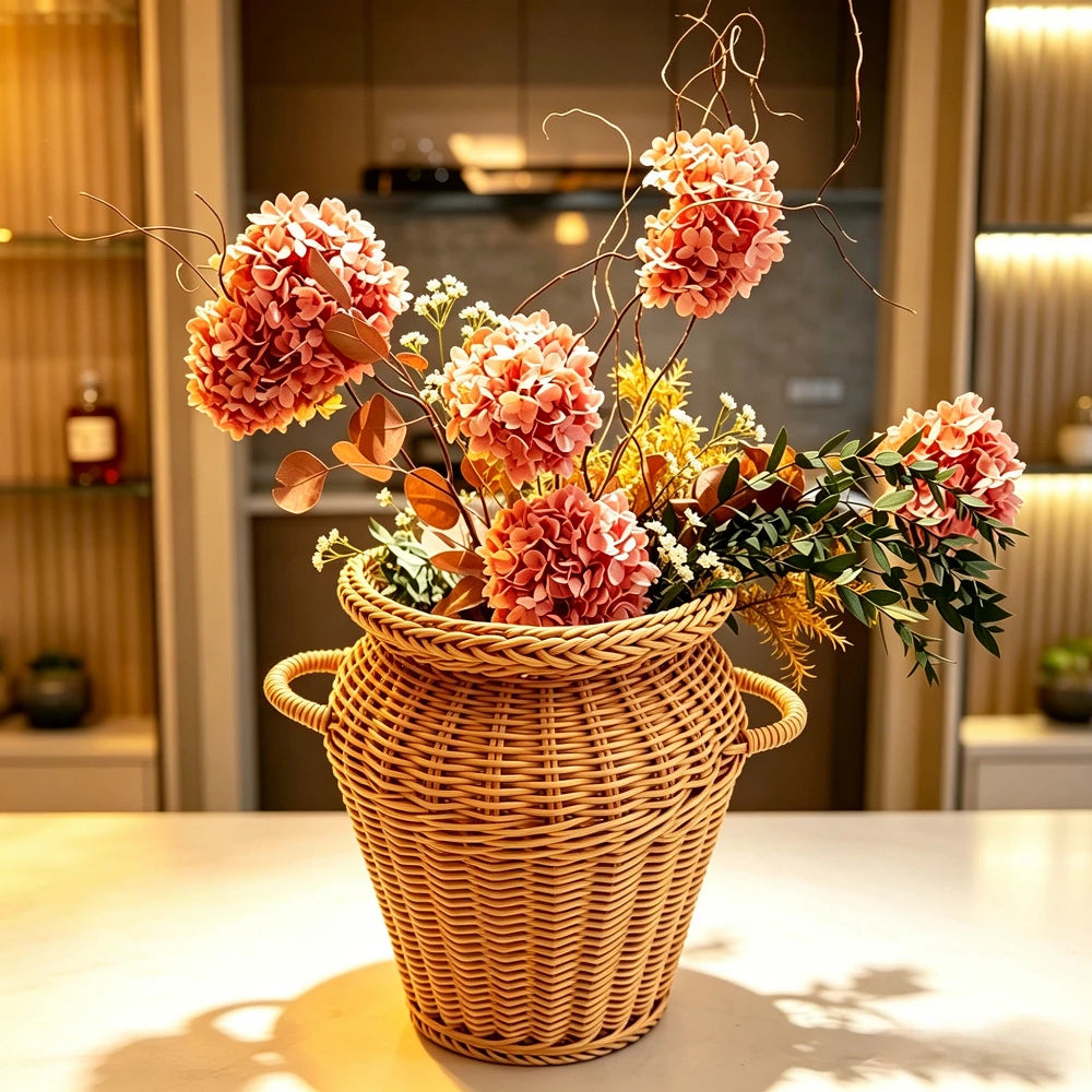 Jarrón de Ratán Tejido a Mano con Asas, Estilo Boho, Maceta Decorativa para Arreglos Florales de Interior y Decoración del Hogar