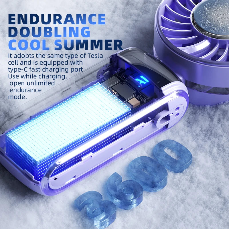 Nuevo ventilador eléctrico portátil de refrigeración de 3600mAh, paquete de hielo, ventilador de alta velocidad, Semiconductor, ventilador plegable Digital portátil con cuello colgante