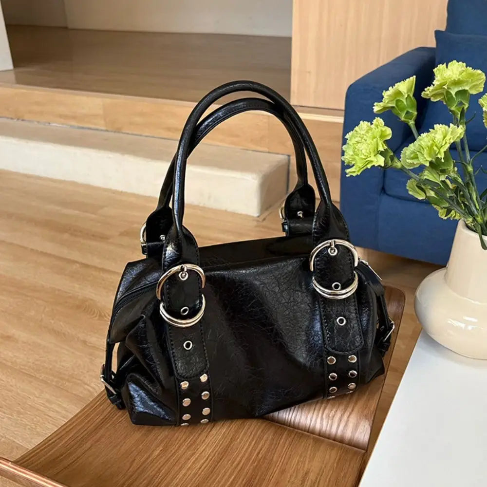 Bolso de Hombro Retro Y2K Simple con Remaches, Bolso de Motocicleta de Cuero PU Estilo Spicy Girl, Bolso Tote de Moda Coreana para Chicas