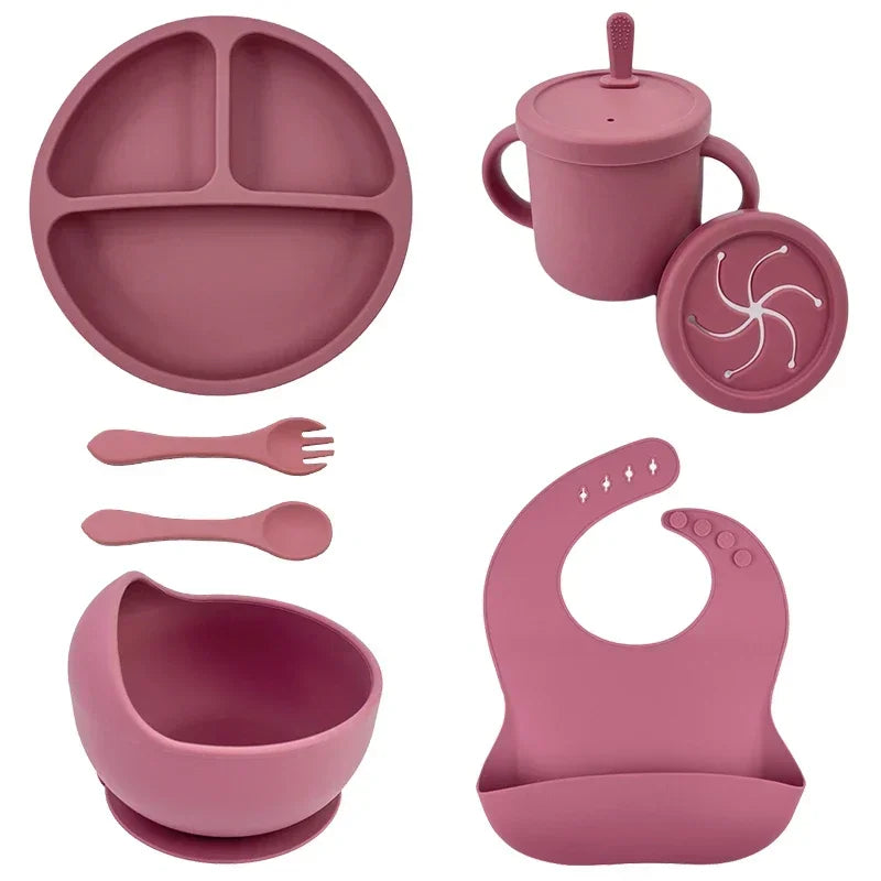 Juego de alimentación de bebé de silicona sin BPA, cuenco con ventosa, plato de comedor, taza de paja, cuchara, tenedores para niños, vajilla para bebés, platos para niños
