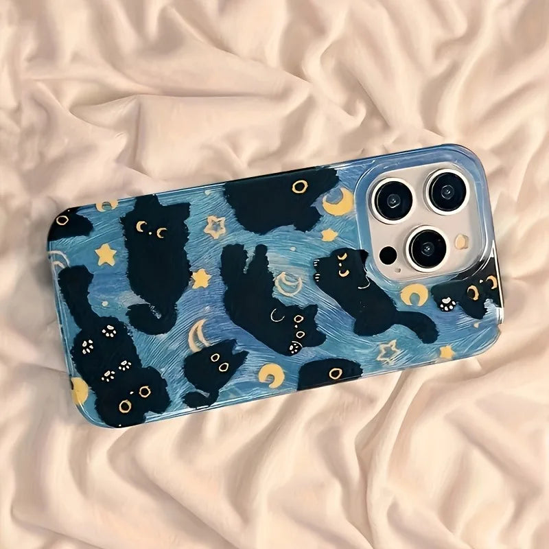 Funda de teléfono para iPhone 17 Pro Max 16E 16 15 14 13 12 11 XS X XR 7 8 Plus SE2 Air Moon Stars y gatos negros diseño funda de silicona