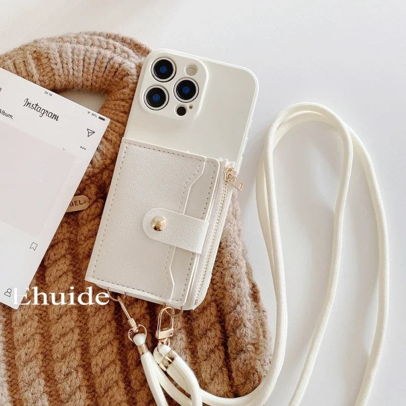 Funda con correa tipo billetera para iPhone 16 15 16Pro Max 11 12 13 14 Plus X XR XS Max ranuras para tarjetas cordón cruzado funda de silicona de cuero PU