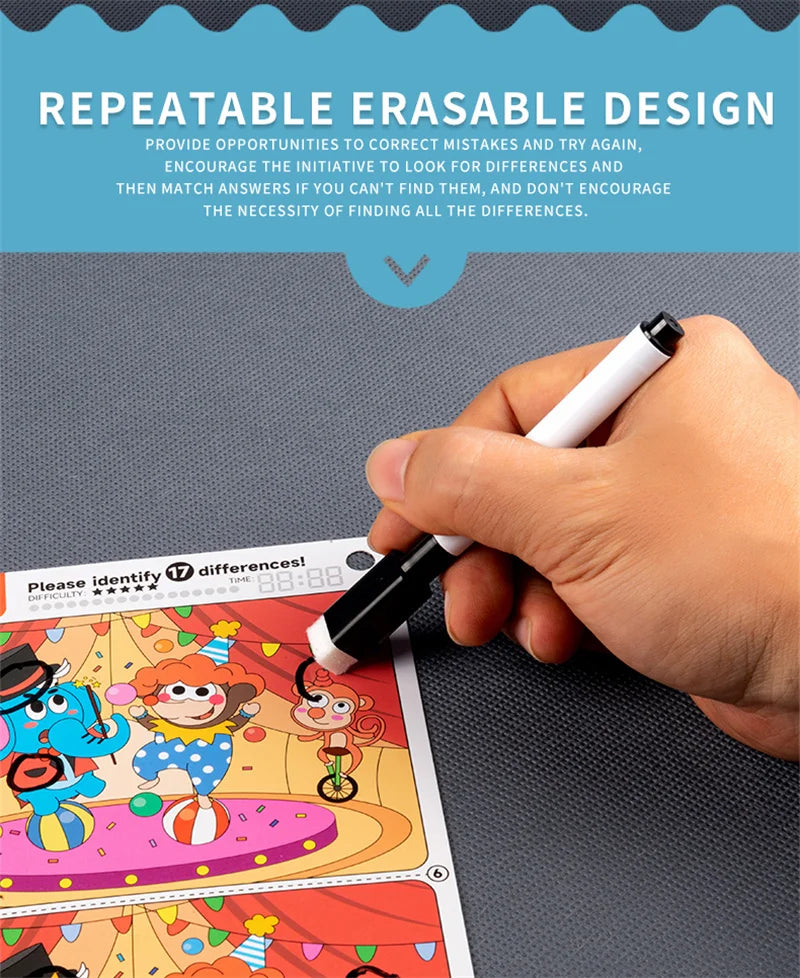 Juego de rompecabezas reutilizable Find The Difference, enfoque borrable y regrabable y entrenamiento de observación, juguete para el desarrollo del cerebro para niños