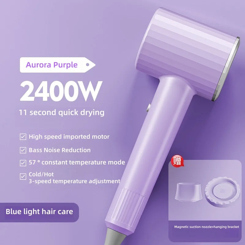 Secador de Pelo Profesional de 2400W con Aire Frío y Caliente, Temperatura Constante, Luz Azul, Iones Negativos y Silencioso