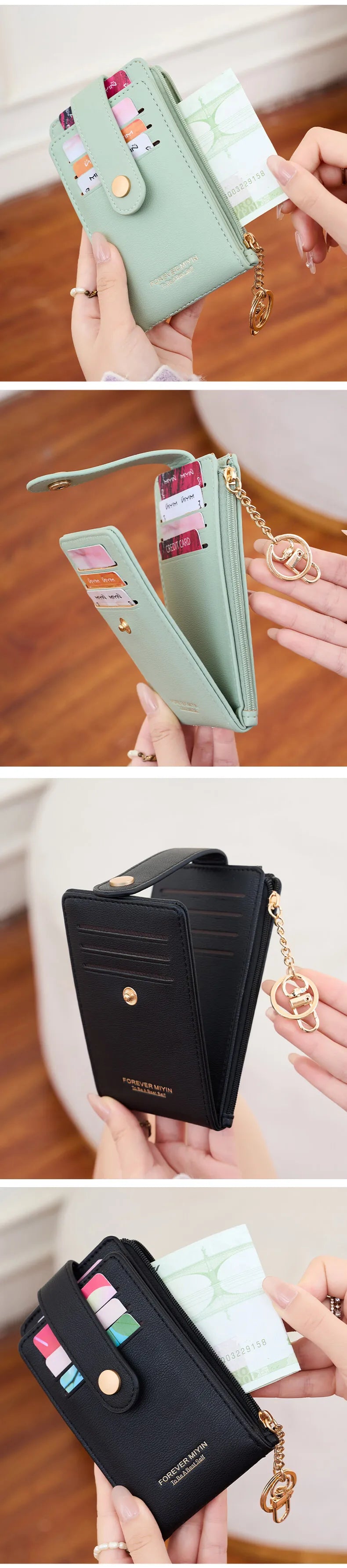 Elegante tarjetero plegable vertical, cartera ultrafina para mujer, tarjetero plegable, monedero con cremallera, bolso de mano con llavero