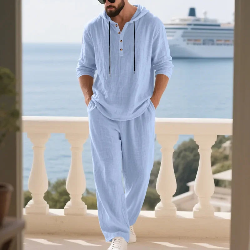 Conjunto informal holgado de lino para hombre, camisa Henry de manga larga y pantalones largos, conjunto cómodo y transpirable a la moda para otoño 2025