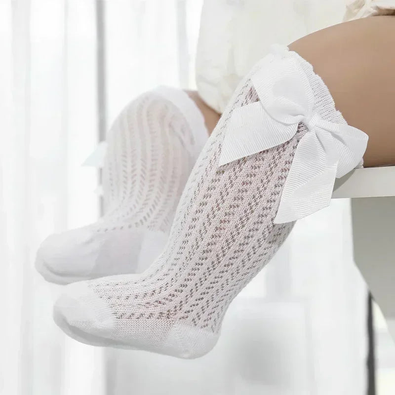 Calcetines hasta la rodilla para bebé de 0 a 36M, calcetines largos hasta la rodilla de malla de algodón con lazo grande para niño pequeño, calcetines largos de princesa para niña 2025