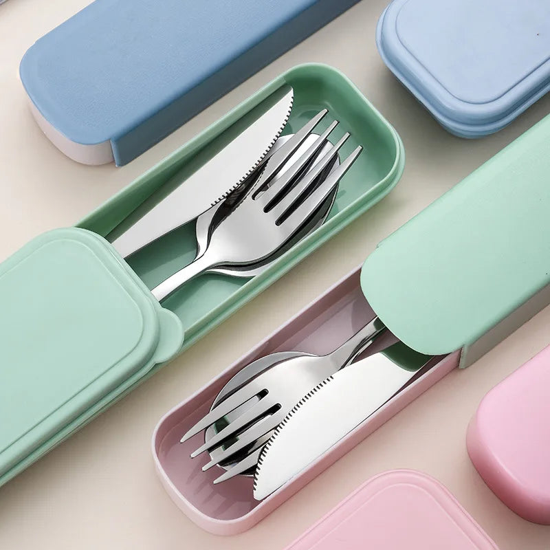 Juego de cubiertos portátiles de acero inoxidable de 3/4 piezas con caja de almacenamiento, palillos, tenedor, cuchara, cuchillo, juego de vajilla de viaje, cubiertos para acampar