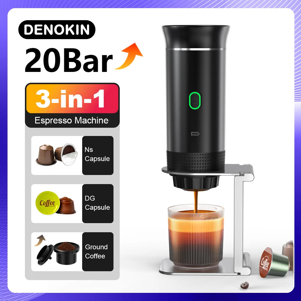 Cafetera Espresso portátil eléctrica inalámbrica para coche y hogar, cafetera para acampar, cafetera de viaje en polvo con cápsula 3 en 1