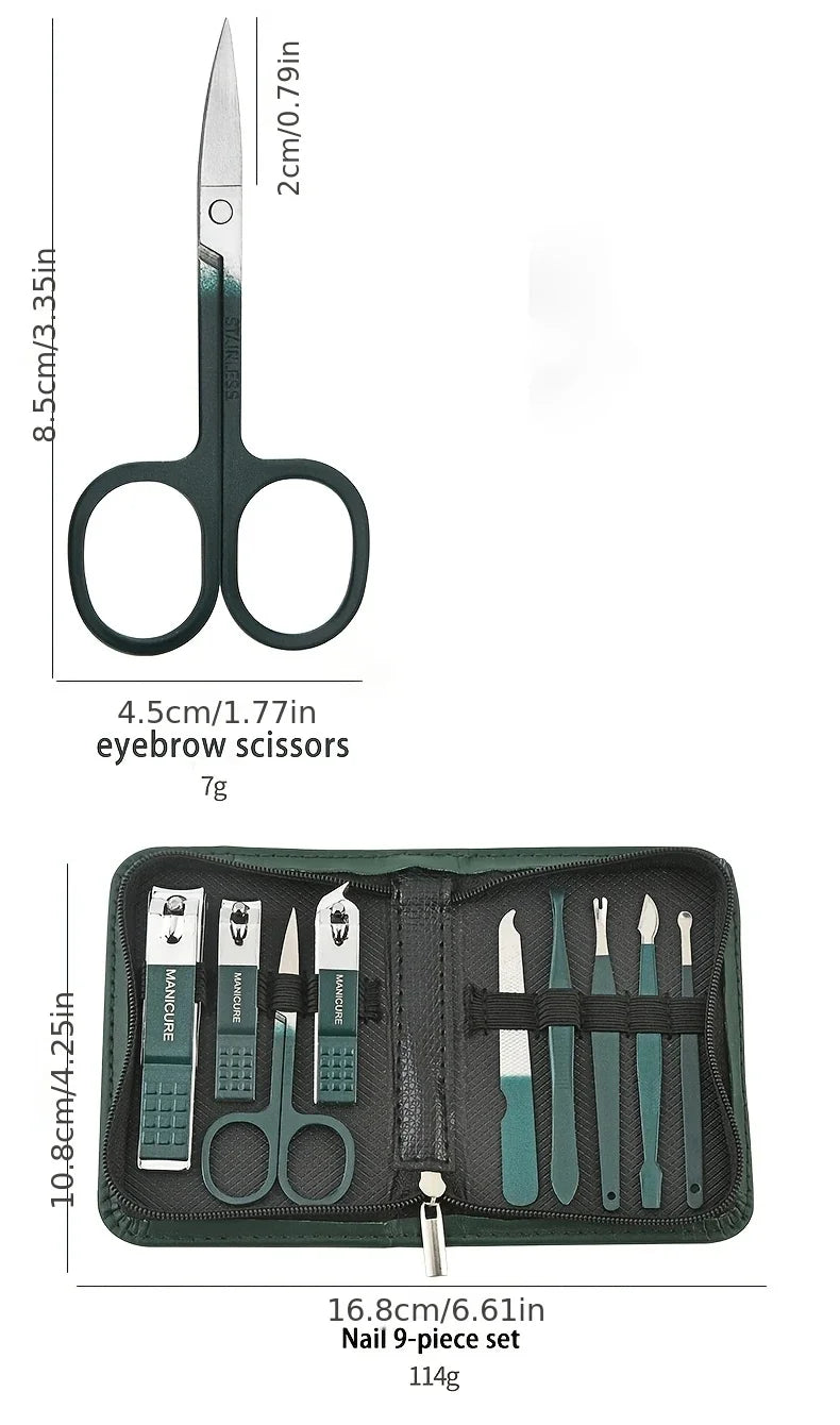 Kit de 9 Piezas para el Cuidado de las Uñas, Portátil, con Cortaúñas, Corta Cutículas, Tijeras para Uñas de los Pies, Lima para Uñas, Pinzas, Ideal para Viajes y el Hogar
