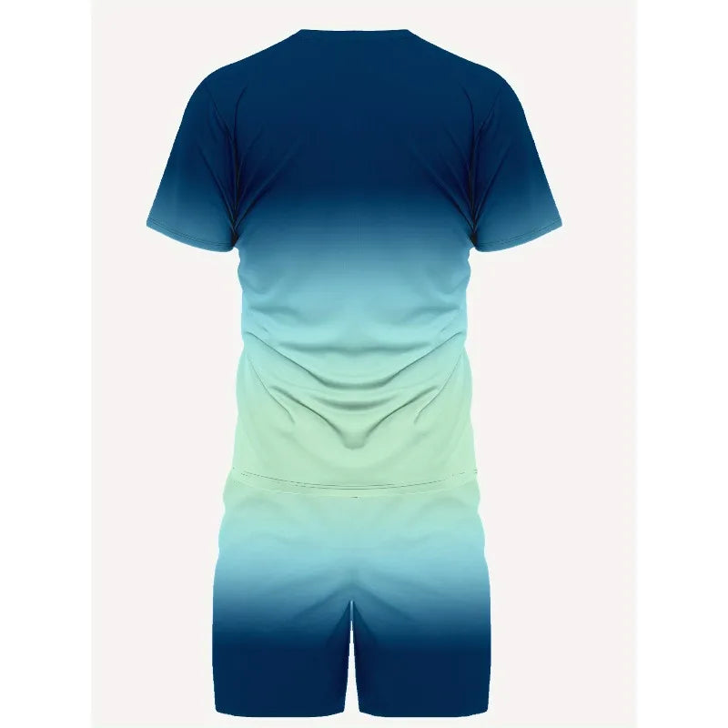 Conjunto informal de dos piezas con estampado 3D a rayas para hombre, camiseta de manga corta y pantalones cortos, conjunto para deportes al aire libre diarios de tela de poliéster