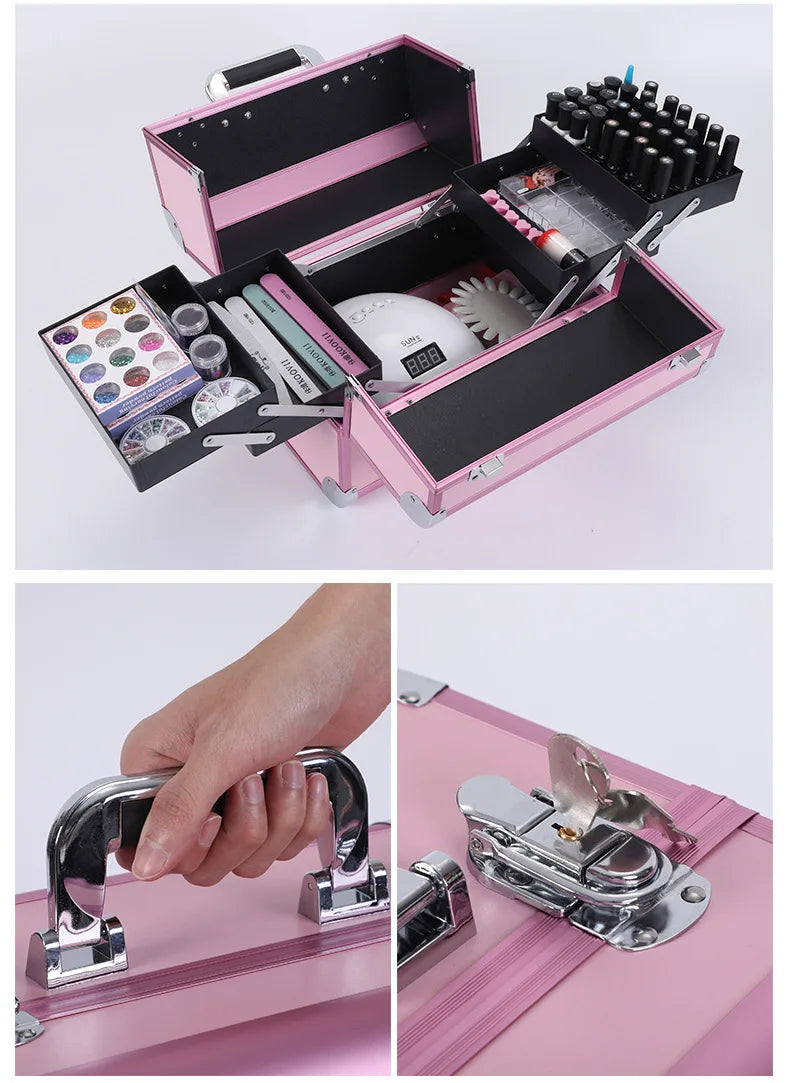 Bolsa de maquillaje expandible con cerradura, herramientas de aluminio para decoración de uñas, caja de cosméticos, cajones multicapa, organizador de almacenamiento de manicura y esmalte de uñas