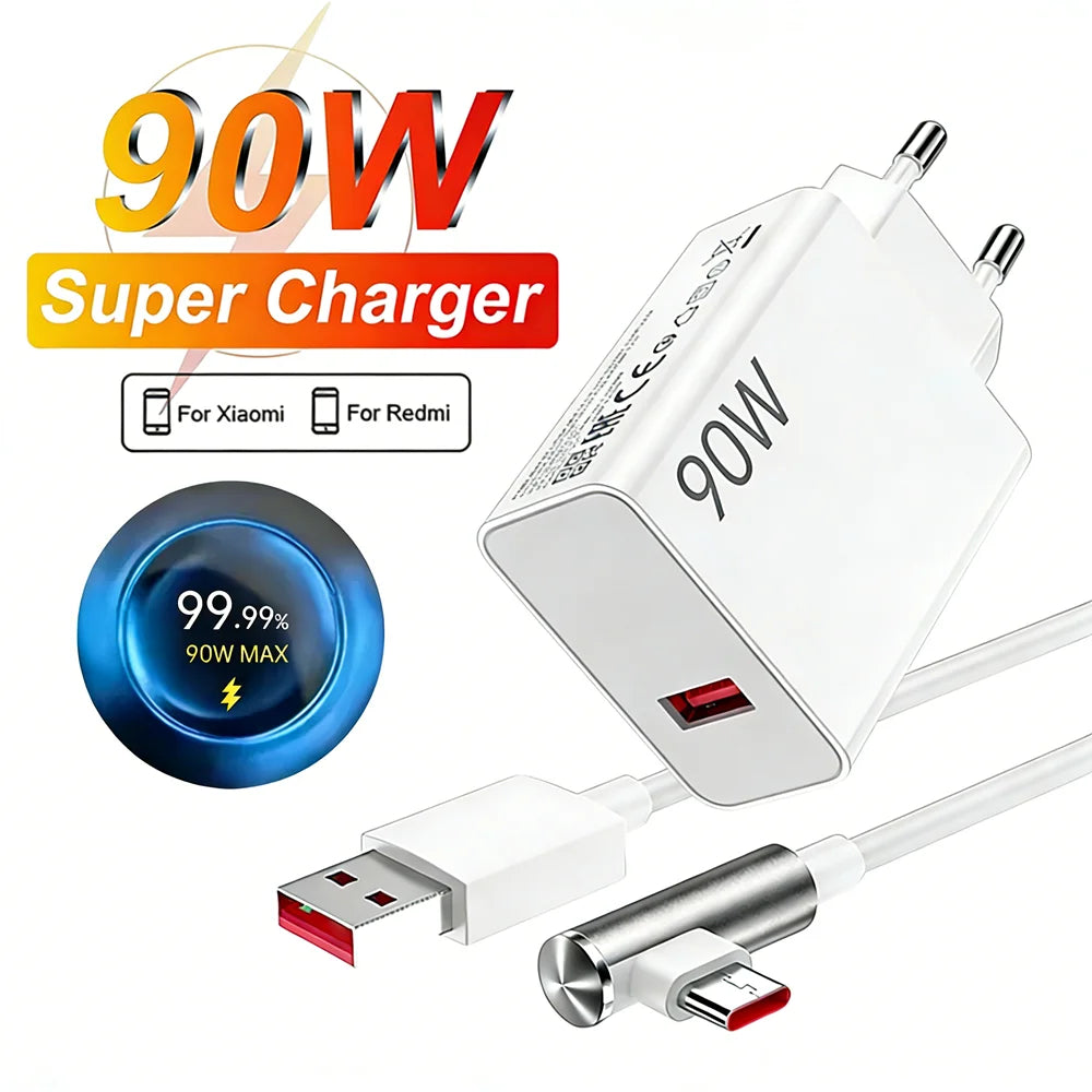 Cargador Rápido Turbo EU de 90W Máx. para Xiaomi 13 14 Ultra 15T Pro Redmi Note 14 15 Pro+ POCO F7 F8 X7 X8 con Cable USB Tipo-C en Ángulo