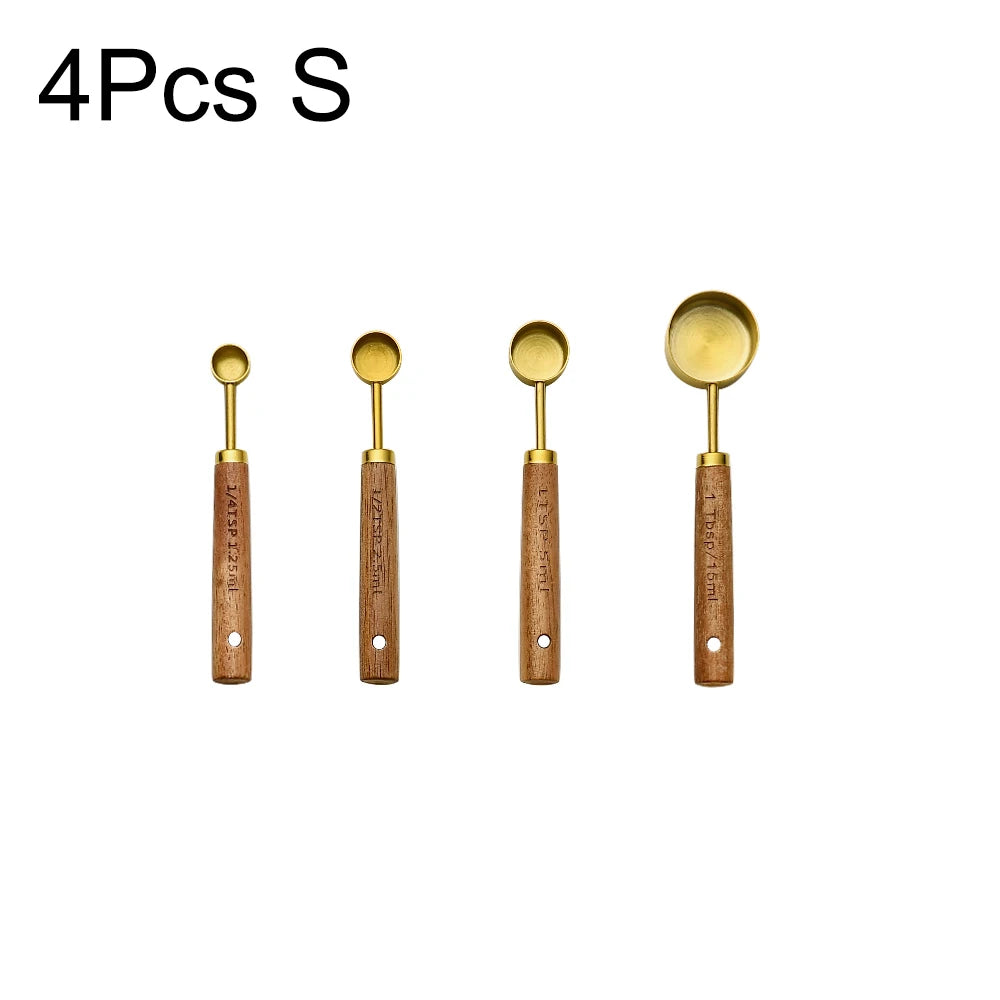 Mango de madera dorado, tazas medidoras de acero inoxidable, cucharas, herramientas para hornear, juego de cucharas medidoras de café, accesorios de báscula para barman