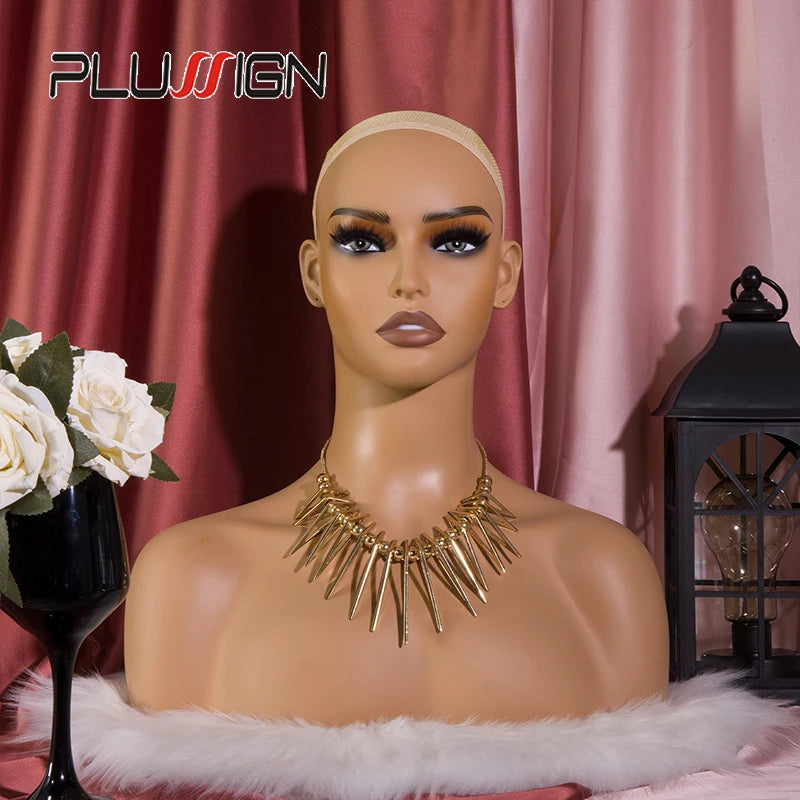 Cabeza de peluca femenina, maniquí de piel marrón claro, maquillaje realista, cabeza de maniquí, soporte para peluca, 1,8 kg/unidad, cabeza simulada de relleno de espuma para pelucas