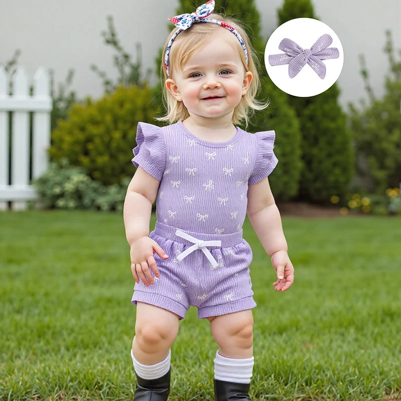 Conjuntos de verano para niña de 0 a 18 meses, pelele de manga corta con estampado de lazo, pantalones cortos de cintura elástica y diadema, conjunto de 3 uds.