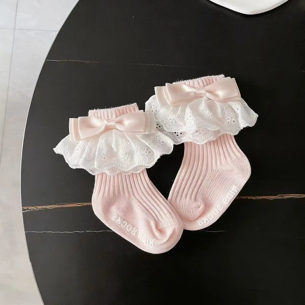 Calcetines rosas para niñas pequeñas, calcetines de algodón con lazo grande y encaje de cereza, calcetines de pantorrilla para niños, calcetines bonitos de princesa para niños de 1 a 5 años