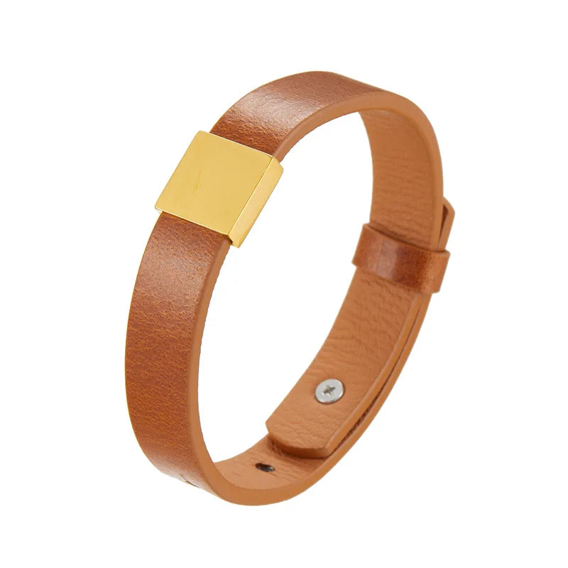 Pulseras de identificación ajustables de acero inoxidable, brazaletes de piel de vaca tallada personalizados gratis, correas de muñeca de cuero DIY para hombres y mujeres