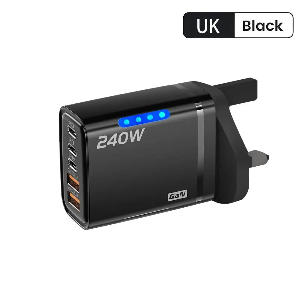 Cargador USB C GaN 5 en 1 de 240W, adaptador de carga rápida para teléfono, PD QC3.0, enchufe europeo/estadounidense/británico, cargador de pared para iPhone, Samsung, Xiaomi