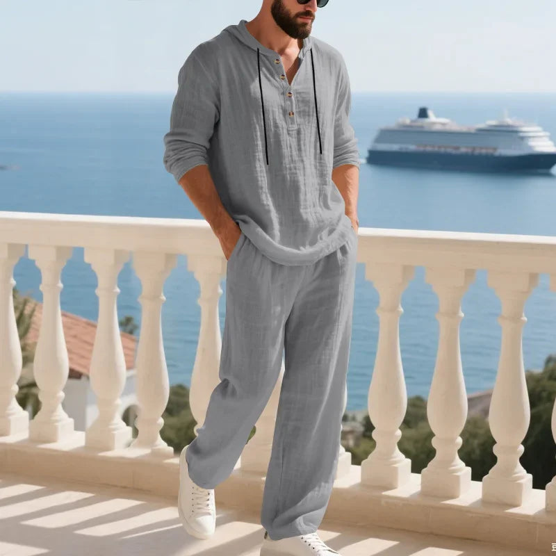 Conjunto informal holgado de lino para hombre, camisa Henry de manga larga y pantalones largos, conjunto cómodo y transpirable a la moda para otoño 2025