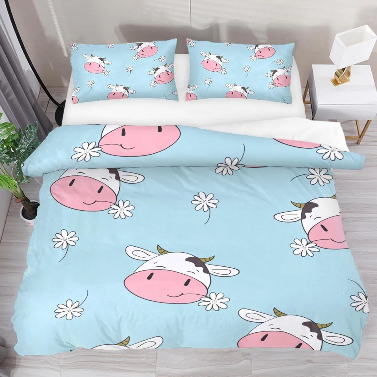 Juego de funda nórdica con estampado de vaca, edredón de poliéster con dibujos de animales, vaca, garabatos, granja, tamaño doble, Queen y King