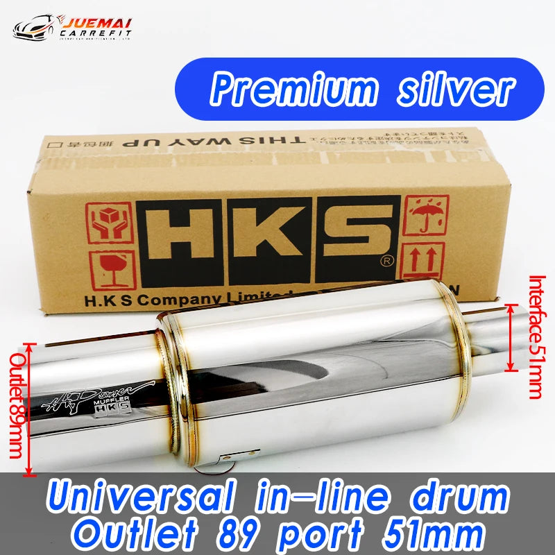 Tubo de escape de coche, piezas modificadas, silenciador HKS, tubo de escape recto, salida Universal 89MM, plata brillante, azul, acero inoxidable 51 63 76mm apto