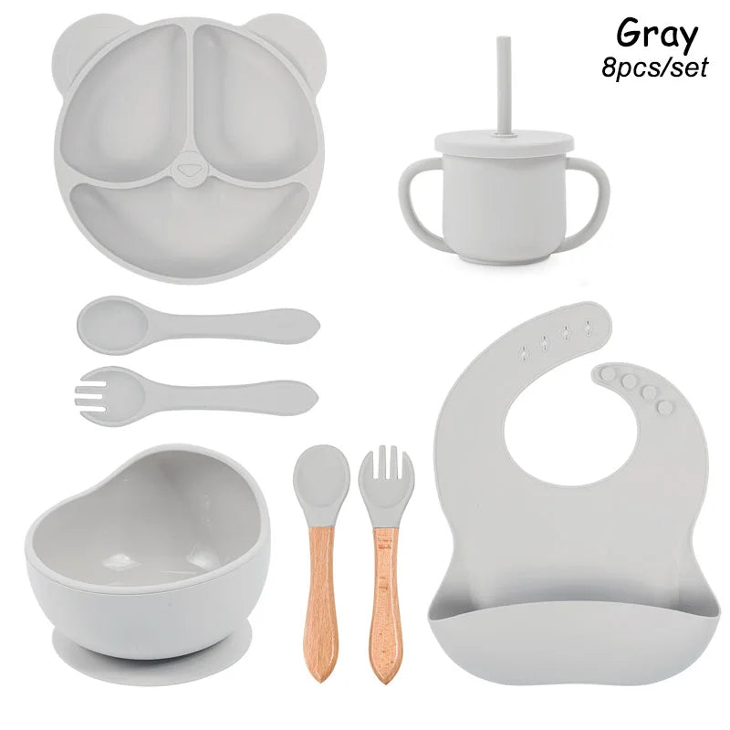 Vajilla de silicona para niños, juego de alimentación de bebé, plato de dibujos animados, nombre personalizado, taza con ventosa, plato, babero, regalo para recién nacido, 8 Uds./5 uds.