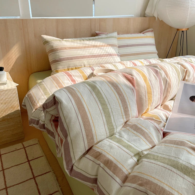 Juego de cama suave de algodón 100%, funda nórdica con estampado de rayas y funda de almohada, ropa de cama, colcha, fundas de almohada, juegos de edredón