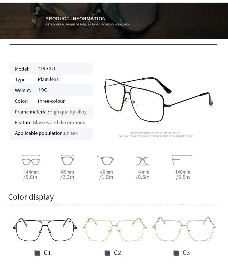 Gafas de Montura Cuadrada Grande, Estilo Vintage Simple, Montura Metálica Extra Grande para Hombre, Gafas de Moda para Mujer, Lentes Transparentes, Gafas Ópticas