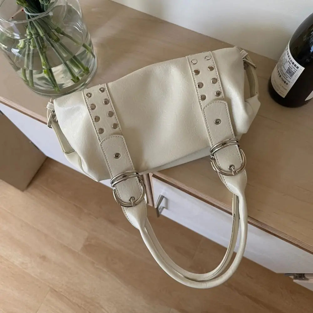 Bolso de Hombro Retro Y2K Simple con Remaches, Bolso de Motocicleta de Cuero PU Estilo Spicy Girl, Bolso Tote de Moda Coreana para Chicas