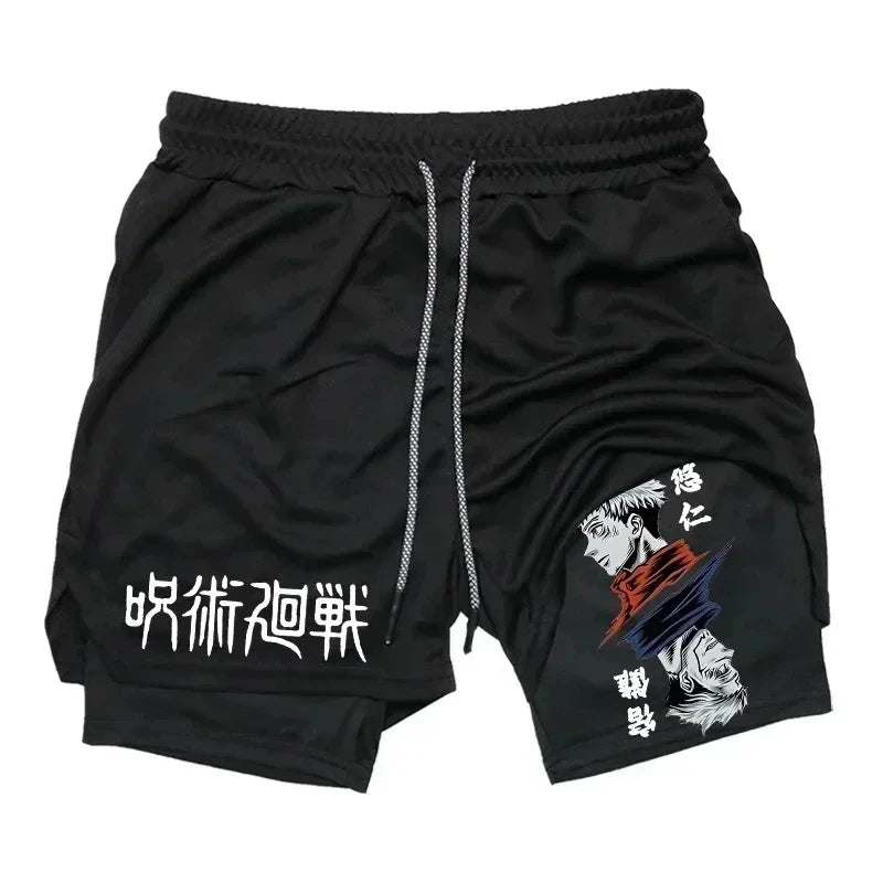 Pantalones cortos deportivos para hombre Jujutsu Kaisen Anime Graphic 2 en 1 pantalones cortos de compresión para hombre pantalones cortos de rendimiento de gimnasio de secado rápido atléticos