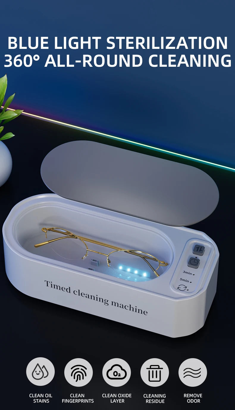 Limpiador Ultrasónico de 3 Velocidades con Luz Azul Antibacteriana de Alta Frecuencia para Joyería, Anillos, Gafas y Brochas de Maquillaje 2026