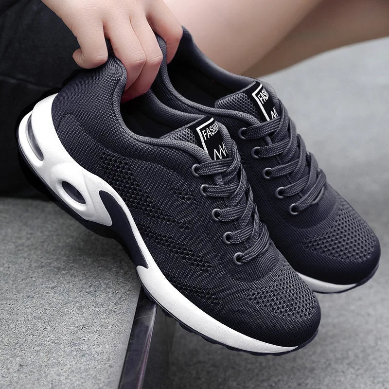 Zapatos deportivos transpirables con amortiguación de aire para mujer, zapatillas informales con cordones cruzados y tacón plano con punta redonda de estilo coreano