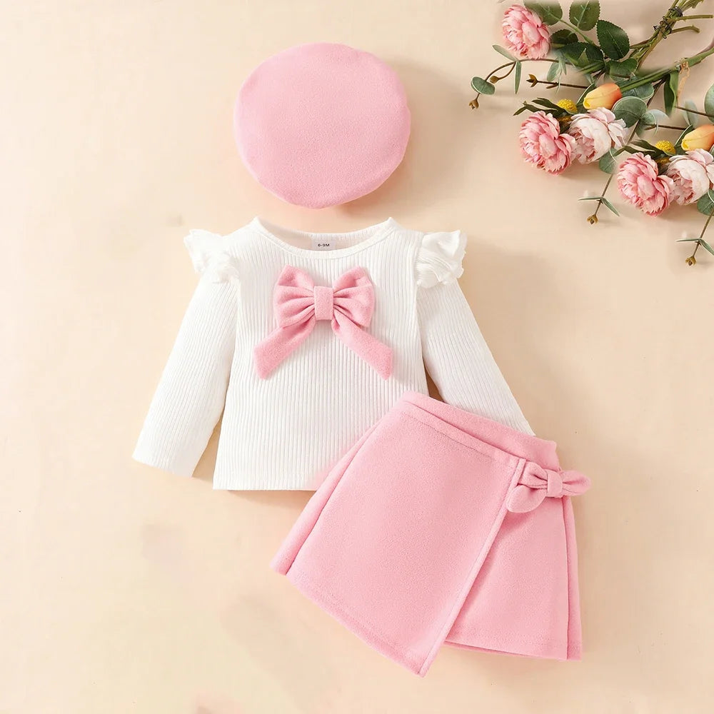Conjunto de ropa de Año Nuevo para niñas de 0 a 3 años, Top de manga larga con lazo grande, falda Irregular y boina, ropa de Navidad para niños pequeños de 3 uds.
