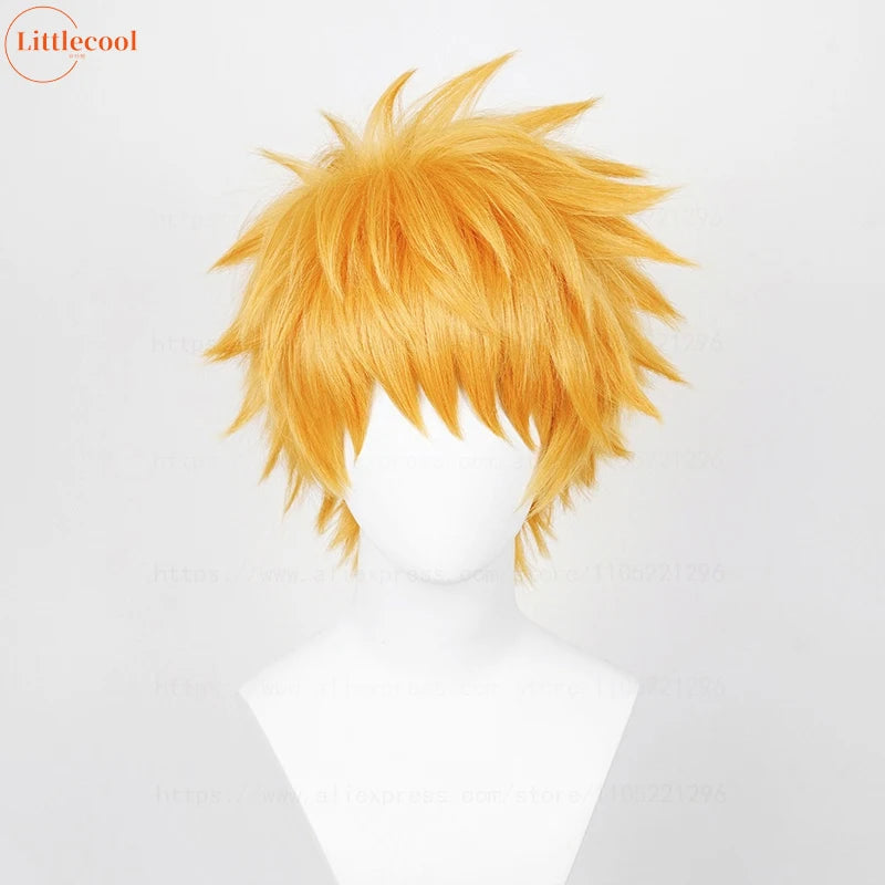 Peluca de Cosplay de Anime Kurosaki Ichigo de alta calidad, 30cm, pelo sintético corto naranja resistente al calor, pelucas para fiesta de Halloween + gorro de peluca