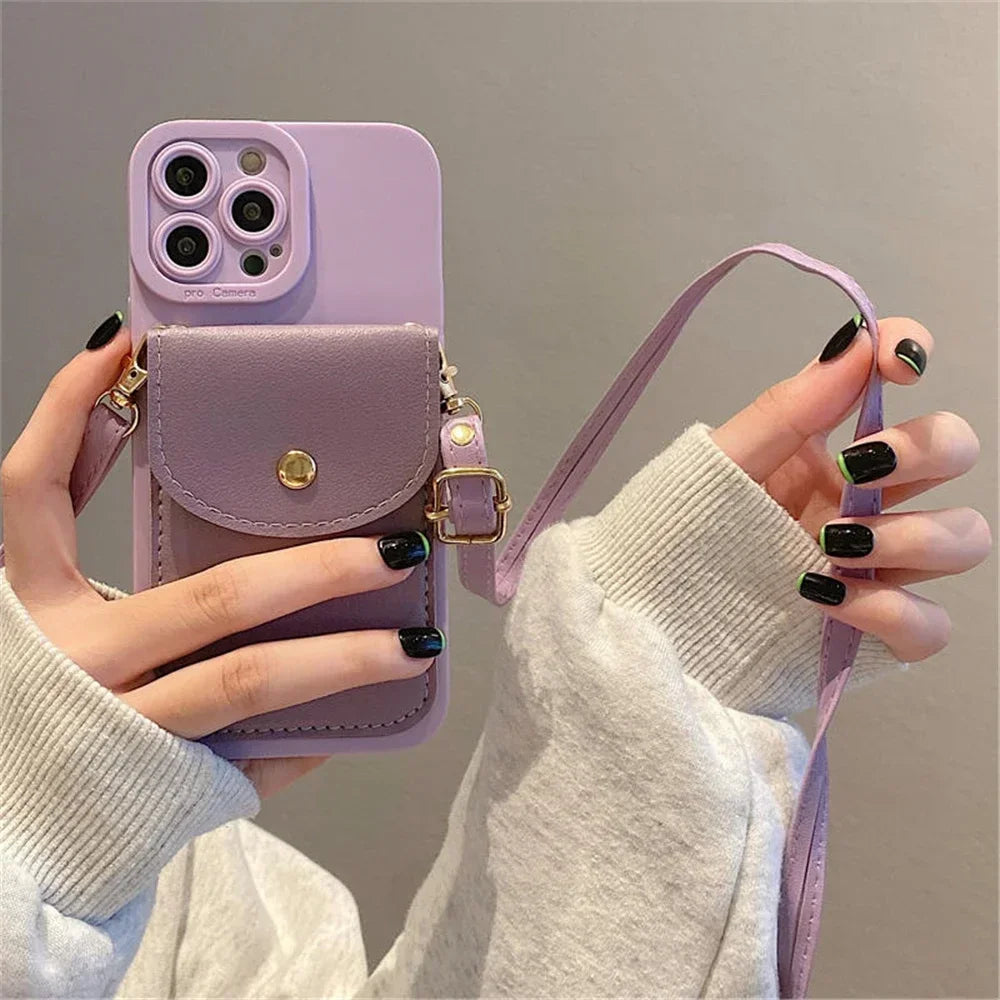 Funda de Lujo para Teléfono con Correa para el Cuello, Tipo Cartera de Cuero, para iPhone 16 Pro 14 11 12 13 15 17 Pro Max Plus, con Ranuras para Tarjetas