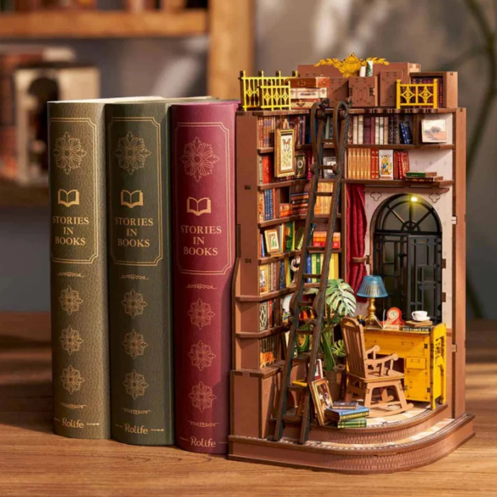 Robotime Book Nook Kits Silent Corner Study DIY Book Nook Miniature House Kit Puzzle Bookend Bookshelf Decor Gift TGE02