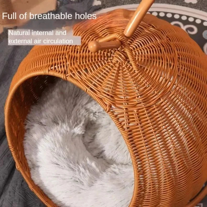 Hamaca semicerrada para mascotas, jaula redonda colgante para gatos, cesta de ratán para verano