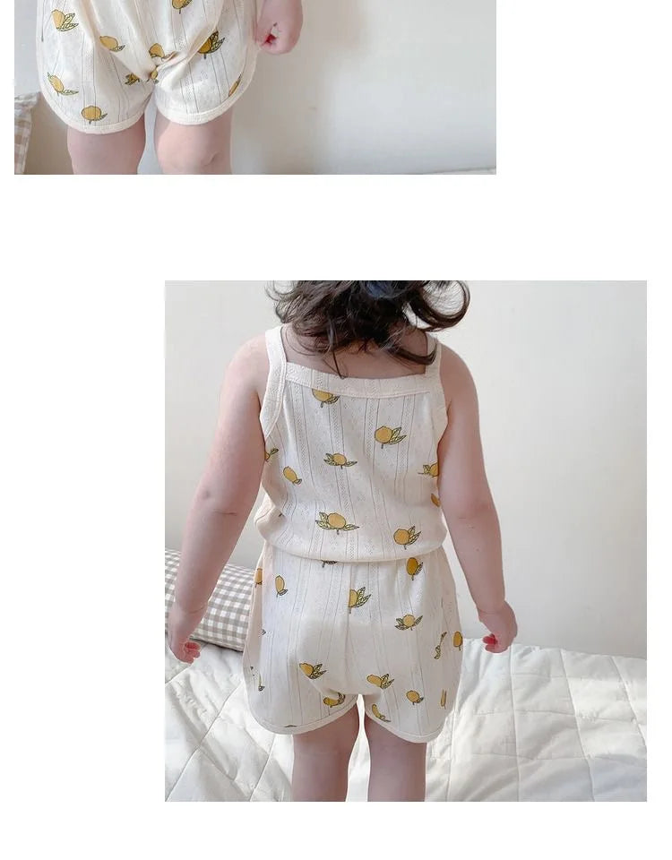 NOVEDAD DE VERANO 20225, Tops sin mangas para bebé y pantalones cortos de cintura ajustada, traje de 2 piezas, conjunto de ropa con cuello cuadrado para niñas, ropa de algodón para niños