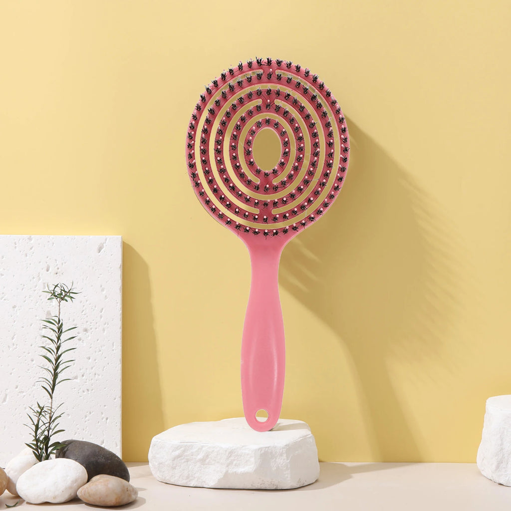 Cepillo de pelo de cerdas naturales de jabalí para desenredar y peinar, herramientas para mujeres con cabello largo, masaje del cuero cabelludo, color marrón, mango ergonómico ligero