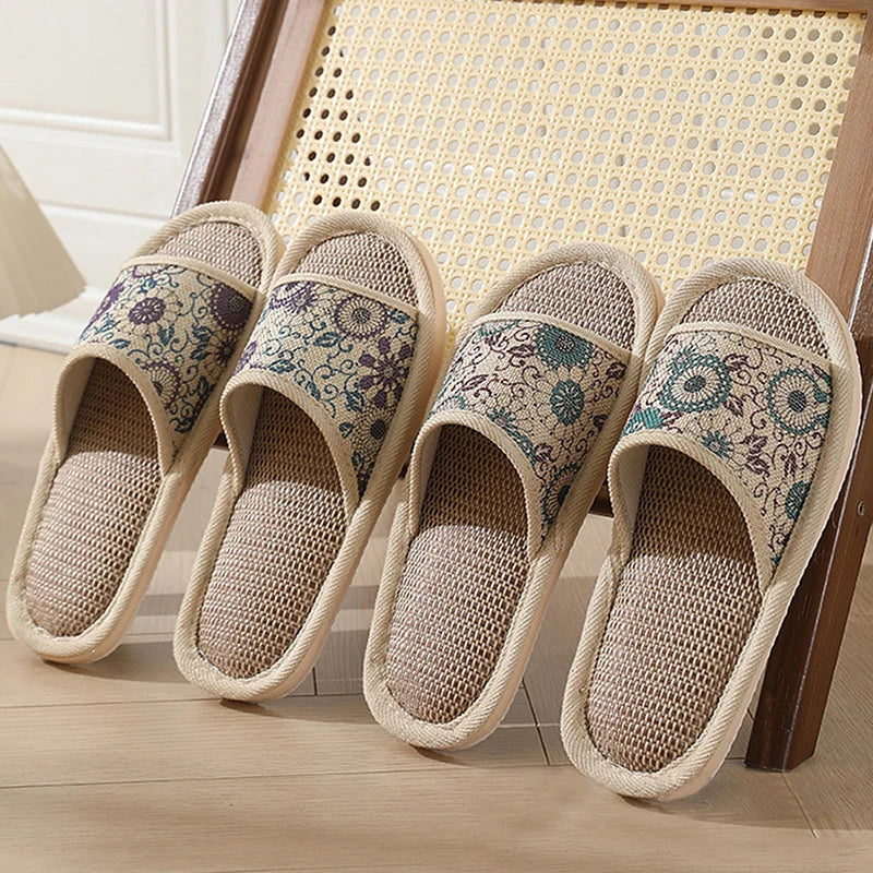 Otoño Invierno zapatillas de suelo para mujer Retro de lino con punta abierta EVA sandalias casuales de fondo grueso zapatillas de interior para parejas zapatos